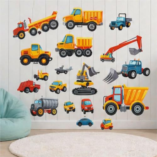 Image of Construction Vehicles Wall Sticker for Ki-ds | Self Adhesive Cartoon Truck, Excavator & Dump Truck PVC Wall Decal for Bedroom, Nursery & Playroom
