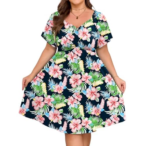 HUSKARY Summer Dresses for Women 2026 Plus Size Sweetheart Flared Short Sleeve A Line Elastic Waist Midi Dress with Pockets 24 Plus Flower03