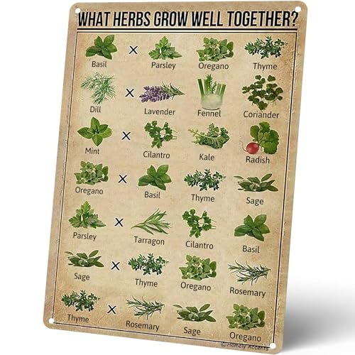 Homely Accents Vintage Gardener Farmer Guide Poster for Herbs Planting, What Herbs Grow Well, Wall Art Decor Metal Sign for Home Kitchen Farmhouse Outdoor Yard 8x12 Inch
