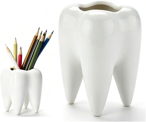 Tooth Shaped Pen Holder for Desk, Cute Novelty Pencil Cup – Office School Home Decor (White)
