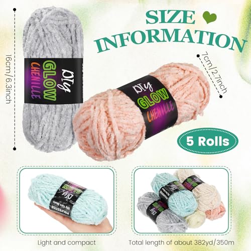 Image of Fanfanwin 5 Rolls Glow in the Dark Yarn Fluffy Chenille Yarn for Crocheting & Knitting Glow Sewing Projects Fun Birthday DIY Gifts for Beginners Women 382 Yd / 350 M Total(Vibrant Colors)