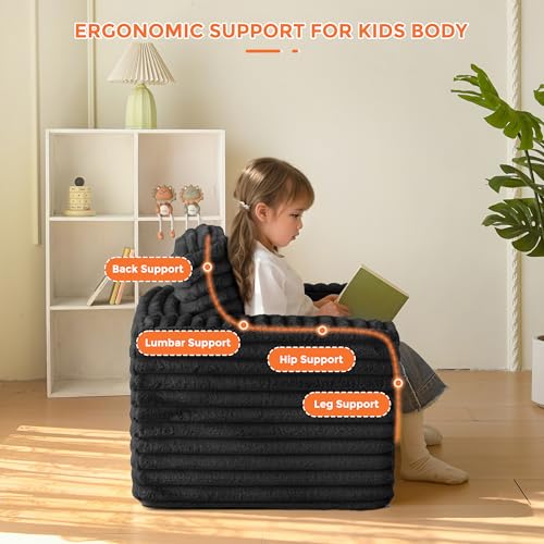 MAXYOYO Kids Bean Bag Chair, Comfy Faux Fur Bean Bag Sofa with Filler, Upholstered Floor Sofa with Pillows and Armrests, Lazy Floor Chair Couch for Boys and Girls, Black by MAXYOYO - Image 6