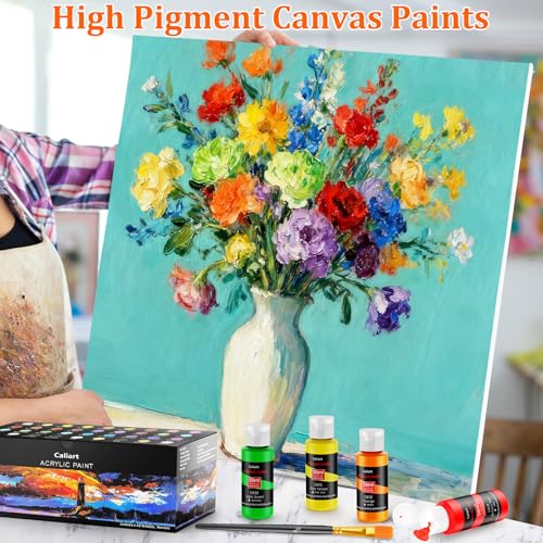 Image of Caliart 36 Colors Acrylic Paint Set with 12 Brushes | Craft Painting kit for Adults Artists Beginners, Rich Pigment Non-toxic, Canvas Wood Rock Pumpkin Ceramic Art Supplies Paint