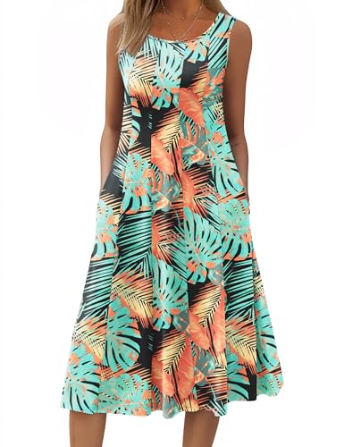 Image of HOTOUCH Summer Casual Dresses for Women Sleeveless Midi Dress Swing Tank Sundress Pleated Tshirt Dress with Pockets