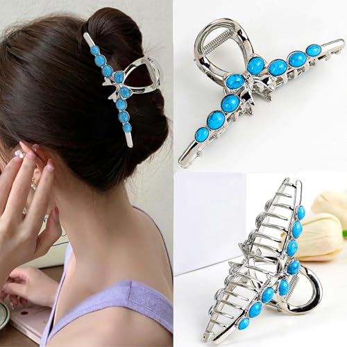 Pince à cheveux forte tenue antidérapante en métal et pierres bleues pour femme - 3