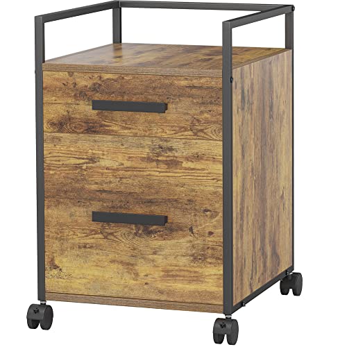 Image of FEZIBO 2-Drawer Mobile File Cabinet, Wood Rolling Filing Cabinet for A4 /Letter Size, Printer Stand, Storage Cabinet for Home Office, Rustic Brown