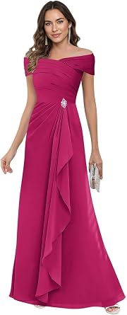 Mother of the Bride Dresses Chiffon Long - Off Shoulder A-line Ruffles Formal Evening Dress for Women