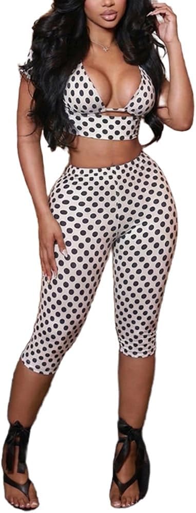 Molilove Polka Dot 3 Piece Outfits for Women Sexy Short Sleeve Halter Crop Top and Bodycon Pants Set Summer Y2K Clubwear