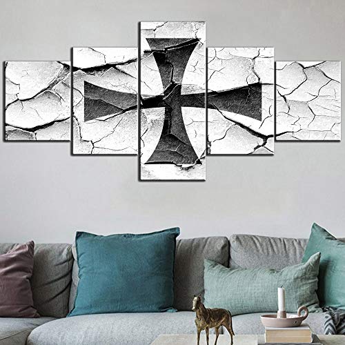 Black and White Painting Canvas Wall Art Teutonic Knights Flag Picture Crusades Artwork Retro Style HD Poster and Prints Modern House Decor Living Room Bedroom 5 Panel Ready to Hang(50