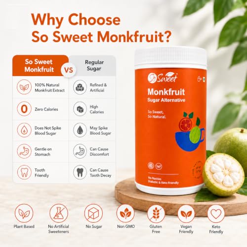 Image of So Sweet Monk Fruit Sweetener 375 g, Sugar Free, Natural Sugar Alternative | Monk fruit extract and erythritol blend, sugar substitute for tea, coffee, baking, cooking and desserts, 375 g jar