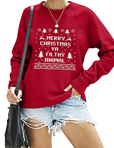 Blooming Jelly Womens Christmas Sweatshirts Crewneck Long Sleeve Tops Print Terry Casual Cute Pullover Outfit 2024(Medium, Red-Animal)