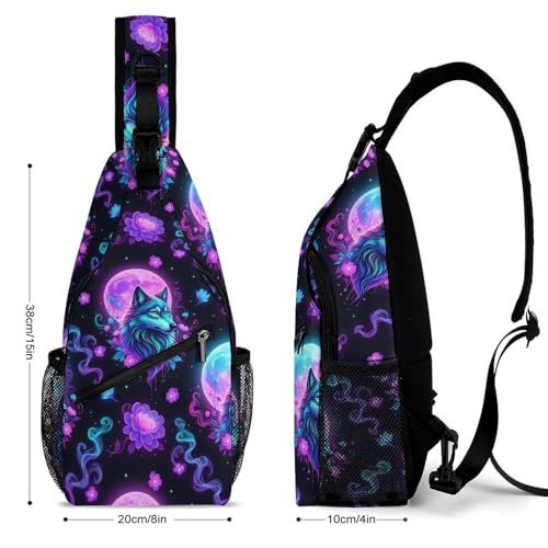 Men's Sling Bag Backpack Packable Chest Crossbody Rucksack, Anti-Theft Waterproof Travel Daypack, Galaxy Starry Flowers Wolf Bags2