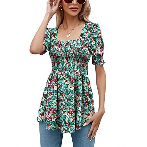 LOMON Women's Tunics Square Neck Puff Short Sleeve Smocked Top Ladies Peplum Blouse Tee Shirts 2025 Spring Summer S-XL Black & Pink Floral Short Sleeve Shirts Small