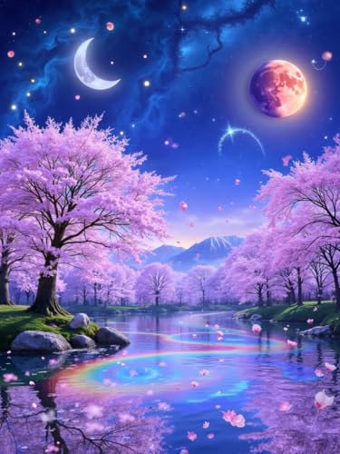 Point de croix aux perles paysage rose kit broderie complet 50x60cm