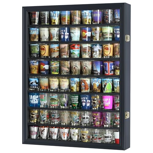 Rock Display case-Shot Glass Display Crystal Organizer for Stone Storage Wall Curio Cabinet with Mirror Back (Black Finish)