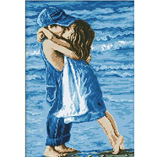 Proumhang 11 CT Cross Stitch Counted Kits Embroidery Needlecraft DIY Canvas Aida Printed 41 * 56CM(16\" * 22\"): Seaside Romantic First Kiss