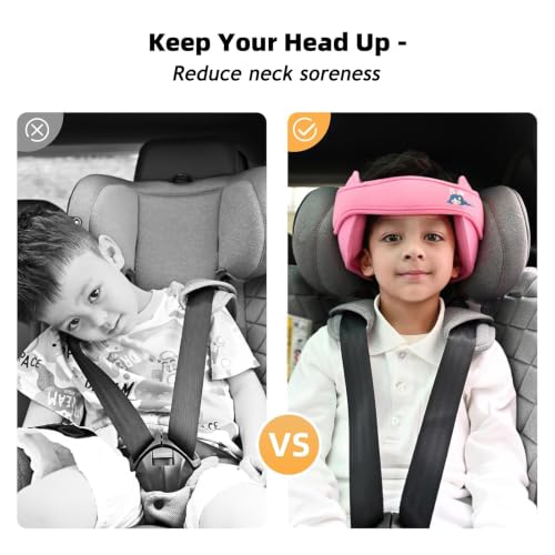 Image of Child Car Seat Head Support Band - Baby Head Neck Relief Safety Headrest | Adjustable Toddler Carseat Head Holder Head Strap - Baby & Kids Travel Accessories with Cute Cartton Pattern, Pink
