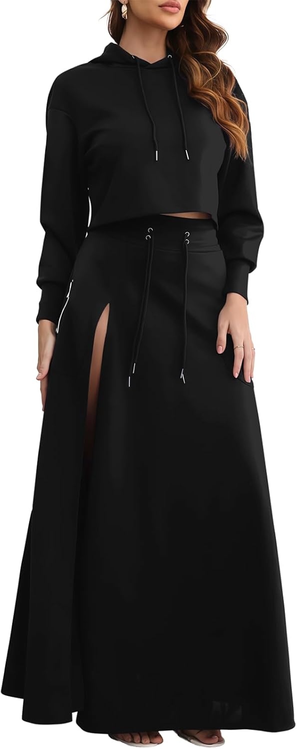 AirZeal Hoodie Skirt Set Women 2 Piece Outfits Cropped Long Sleeve Hoodies and High Slit Maxi Skirt with Pockets