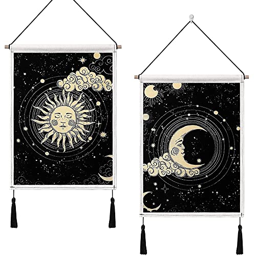 2 Pièces Tapisserie Murale Lune Et Soleil, Tapisserie Psychédélique Mandala, Tarot Bannière Noire Tenture, Tenture Murale Tapisseries Noir, Pour Dortoir Décor De Chambre D'Appartement, 35 x 50 cm Cover