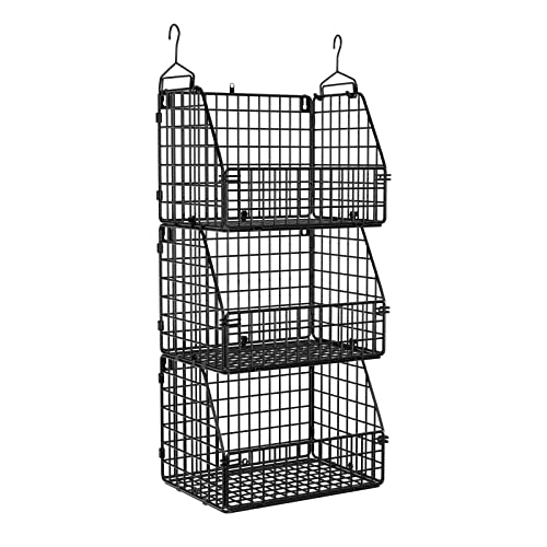 Stackable Wire Storage Baskets for Kitchen Closet Pantry, Hanging Closet Organizers Storage Shelves Organization, Wall Mount Metal Basket Bins, Clothing Vegetable & Fruit Organizer 3 pcs