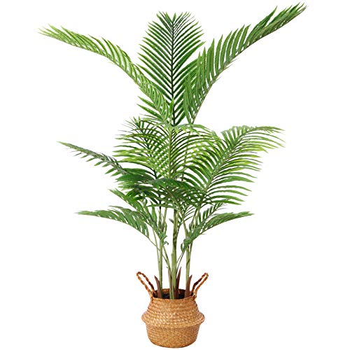 Ferrgoal Artificial Areca Palm Plants 55 Inch Fake Dypsis Lutescens Tree with 15 Trunks in Pot and Woven Seagrass Belly Basket Perfect Faux Plant for Home Indoor Outdoor Office Modern Decor Green