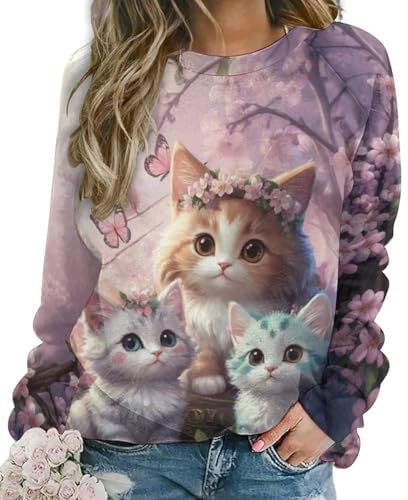 WINKEEY Damen Sweatshirt mit Katzenmuster Katze Langarmshirt Süße Tier Drucken Sweatshirt Damen Ohne Kapuze Lustige Pullover,Katze9 XL