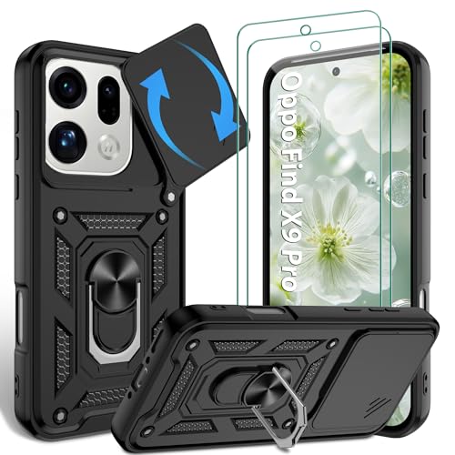 Jshru for Oppo Find X9 Pro Phone Case: with Screen Protector | Camera Protection Cover | Military Grade Shockproof Cover | Ring Kickstand Case Find X9 Pro-Black