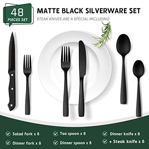 48Piece Matte Black Silverware Set for 8, Stainless Steel Flatware Set