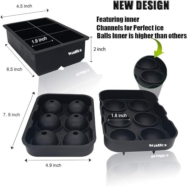 Walfos Silicone Ice Cube Tray Set, Sphere Ice Ball and Large Square Ice Cube Tray with Lid, Easy to Pop Out, Perfect for for Whiskey, Cocktails, Reusable & BPA Free by Walfos - Image 2