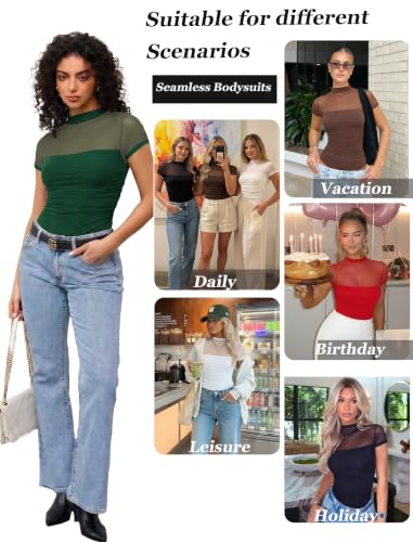 Image of Avidlove Women's Short Sleeve Bodysuit Turtle Neck Body Suits Mesh One Piece Leotard Going Out Tops Date Outfits