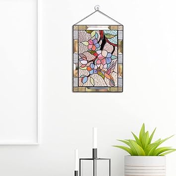 SDR Stained Glass Rectangle Window Panel Suncatcher Wall Decor Cherry