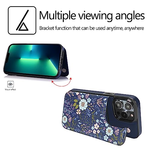 Image of uCOLOR Compatible with iPhone 13 Pro Max 6.7 inch Wallet Case with Card Holder Slot Folio Flip PU Leather Kickstand Double Magnetic Clasp and RFID Blocking Design Cover 13PM 6.7 Inch (Navy Flowers)