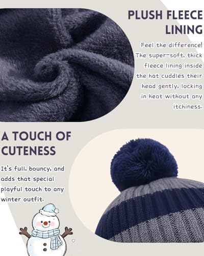 Image of Kids Winter Beanie Hat Scarf Gloves Set 3Pcs, 3-12Y Fleece Lined Knit Hat With Earmuffs Pom Touchscreen Gloves For Boys Girls