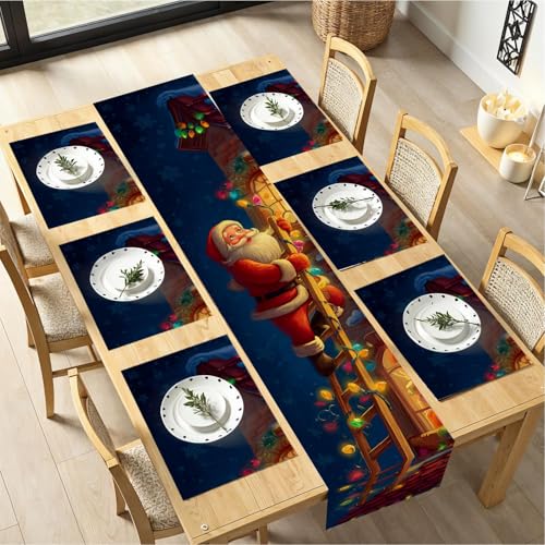 Santa on Rooftop Table Runner and Placemats Set – 7 Pieces (1 Table Runner + 6 Placemats) – Christmas Lights & Snowflakes Holiday Dining Decor
