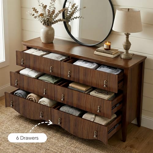 Image of FUSUNBAO 6-Drawer Fluted Dresser, 52 inch Wide Double Chest of Drawers,Walnut | Fluted Design, Horizontal Chest of Drawers, Freestanding Storage Cabinet, For Bedroom & Living Room, Farmhouse Decor