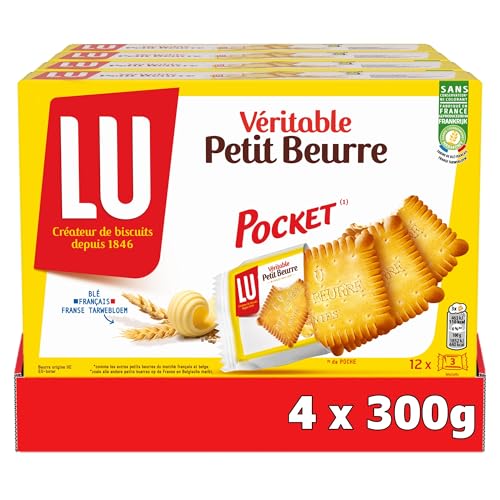 LU - Auténtico bolsillo Petit Beurre - 4 cajas de 12 bolsas de 3 galletas Petit Beurre - Juego de galletas en bolsas individuales - Ideal para un snack gourmet para niños - Set de 4x300g