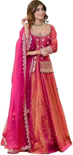 OMNIVA Women’s Silk Ready-To-Wear Lehenga Choli Set Beads &amp; Stones Embroidered Designer Lehenga with TOP&amp; Dupatta