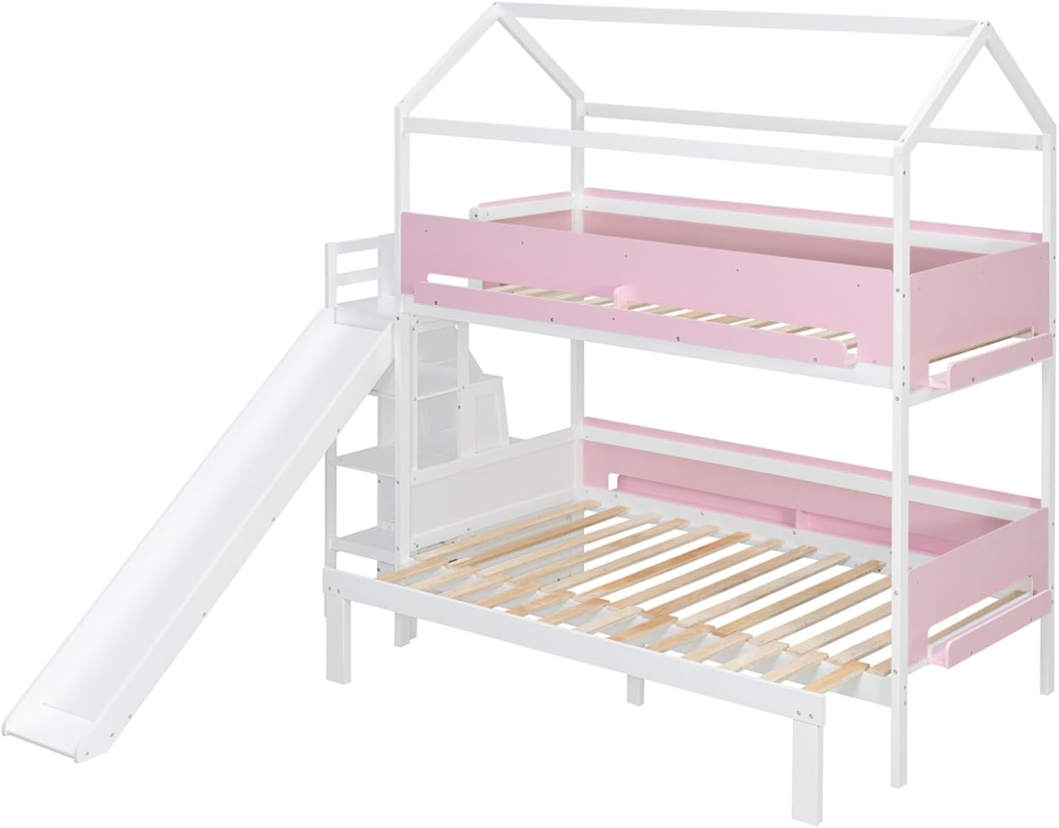 Twin Over Twin to Full Size House Bunk Bed with Slide and Storage Staircase, Wood Bunker Bed Frame with Pop-up Trundle, Safety Guardrail and Bookshelf, for Boys Girls Kids (White+Pink)