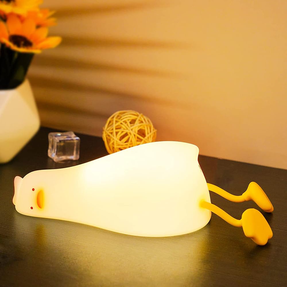 LED Lying Flat Duck Touch Light, Cute Duck Pat-Pat Night Light, Silicone Dimmable Timing Ambient Lamp, Rechargeable Warm Yellow Light, Decompression Toy Light Phone Stand 2 in 1.