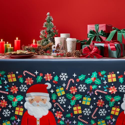 Image of BLUE PANDA 3 Pack Santa Claus Plastic Tablecloths for Christmas Party Supplies, 54 x 108 inch Rectangular Xmas Holiday Table Covers, Fun Festive Christmas Party Decorations