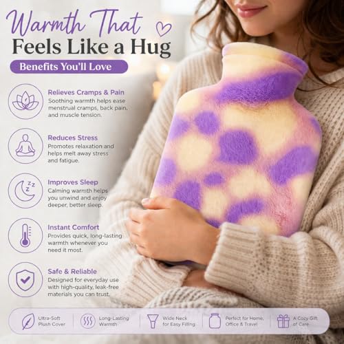 Image of Hot Water Bag with Soft Plush Cover 1000ml Medical Grade Silicone Hot Water Bottle for Period Cramps, Back Pain Relief, Hot & Cold Therapy, Muscle Aches & Full Body Relaxation Heating Pad (Lavender)