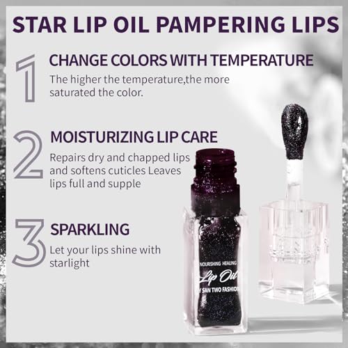 Hosaily Magic Color Changing Lip Oil, Glitter Black Color Changing Lipstick, Hydrating Lip Glow Oil Plumping Glimmer Lip Gloss Transparent Lip Care thumb #2