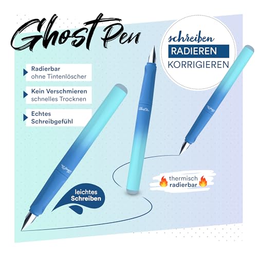 McNeill - Ghost Pen - Gradient - radierbarer Füllhalter für Schule & Alltag | Für Rechts- & Linkshänder | Thermisch radierbare Tinte, ergonomisch, nachfüllbar (Gradient blue lagoon)