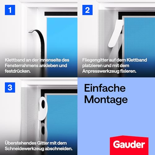 GAUDER Fliegengitter für Fenster - Insektenschutz ohne Bohren - Fliegengitter mit Klettband - Fliegennetz aus Polyester - Mückennetz & Moskitonetz für Fenster (3 Stück - 110 x 130 cm - schwarz)