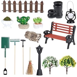 Yuanchu 16 stuks miniatuur tuindecoratie poppenhuis accessoires, mini tuinmeubels decoratieset tuingereedschap microlandschap tuinbank straatlantaarn voor poppenhuis miniatuur tuin meubels decoratie