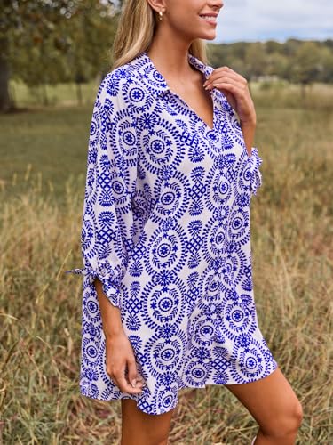 Image of CUPSHE Women Mini Summer Dress Cover Up Oversize Floral Shirt 3 /4 Sleeve Cuff Tie Button Down Beach Dresses Cover Up Top