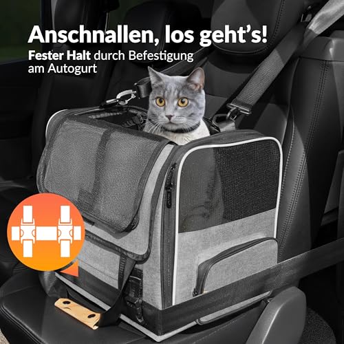 CADOCA® Transportbox Katzen bis 20kg faltbar Sonnen- und Regendach Schultergurt mit Napf Atmungsaktiv Komfortabel Wendekissen Haustier Katzenbox Tragetasche Hunde Auto Grau
