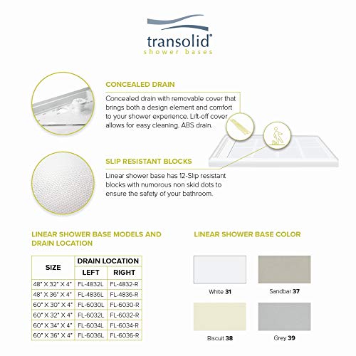 Transolid Fl4832R-31 Linear 48-In W X 32-In L Rectangular Alcove Concealed End Drain Shower Base With Right Hand Drain, White #TOP6