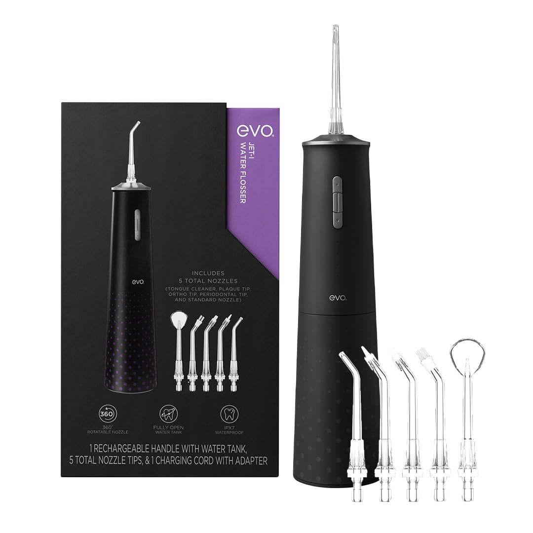 EVO Jet-1 Water Flosser: herramientas dentales avanzadas con 5 boquillas de fácil liberación, 8 intensidades, 2 modos de chorro de agua, mango impermeable y ergonómico, temporizador de 2 minutos con