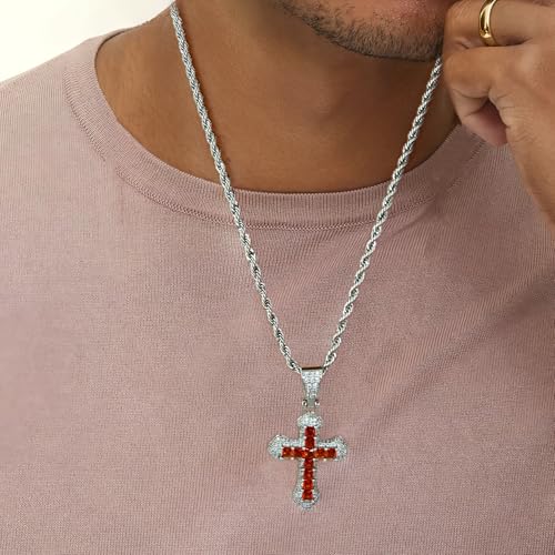 Silver Cross Necklace for Men with Red Crystal Inlay, Hypoallergenic Silver Necklace for Men, Fade-Resistant, Stylish Gift for Men